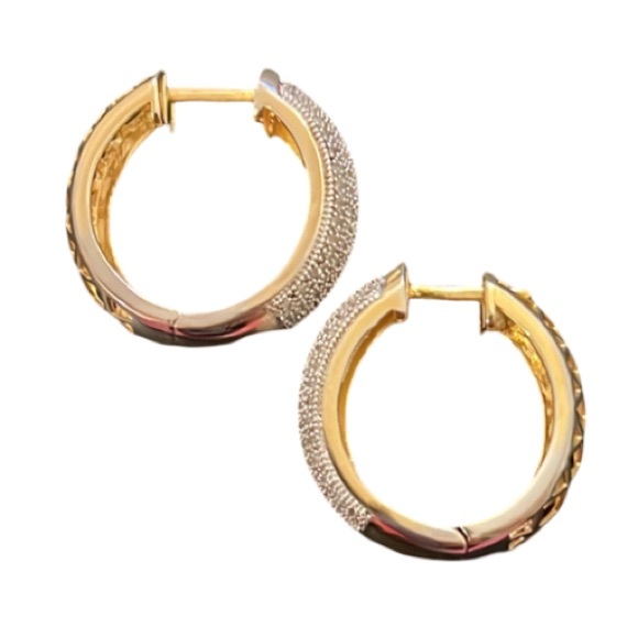 Designer 14KT Gold Plated Paved CZ Crystal Diamond Cut Out Huggie Hoops - Picture 2 of 11